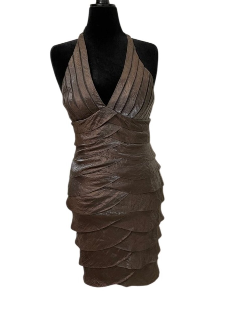 Caché Vintage Y2K Bronze Metallic Halter Dress Womens 8 Petal Tiered Midi